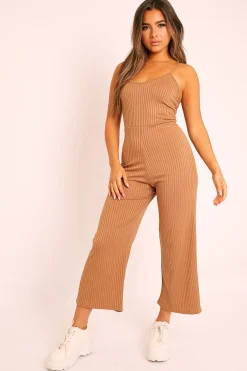 Rebellious Fashion Camel Ribbed Wide Leg Jumpsuit - Elpha