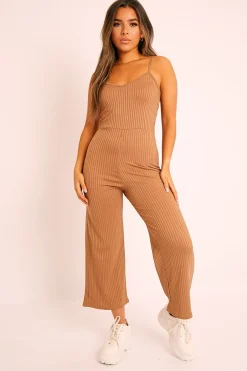 Rebellious Fashion Camel Ribbed Wide Leg Jumpsuit - Elpha