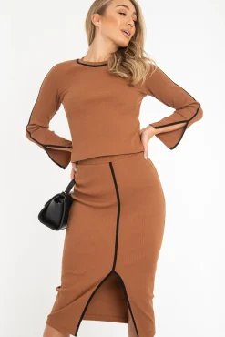 Rebellious Fashion Camel Rib Contrast Piping Jumper Midi Skirt Co-Ord - Eloise
