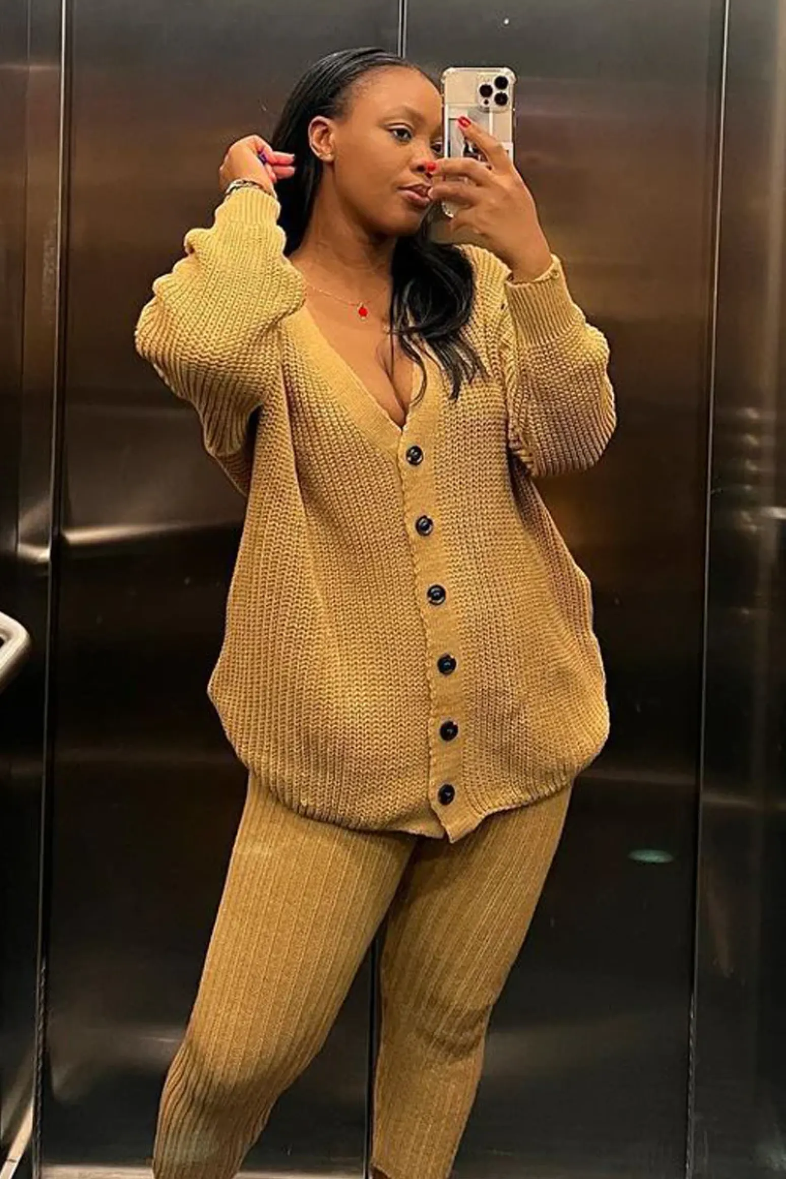 Rebellious Fashion Camel Rib Knit Oversized Cardigan and Legging Set - Paola