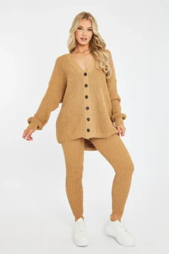 Rebellious Fashion Camel Rib Knit Oversized Cardigan and Legging Set - Paola