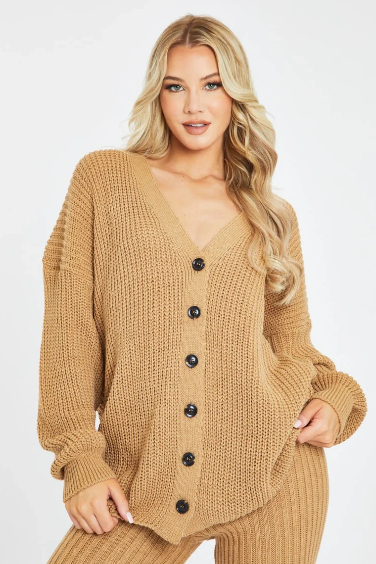 Rebellious Fashion Camel Rib Knit Oversized Cardigan and Legging Set - Paola