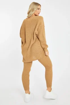 Rebellious Fashion Camel Rib Knit Oversized Cardigan and Legging Set - Paola