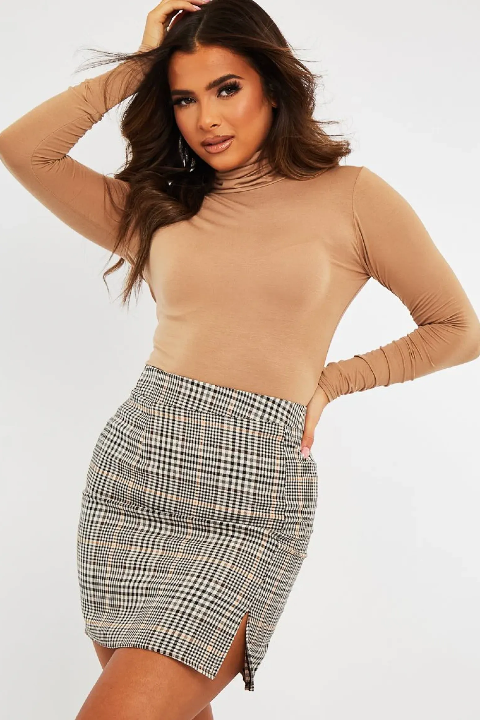 Rebellious Fashion Camel Roll Neck Long Sleeve Bodysuit - Liza