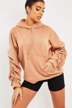 Rebellious Fashion Camel Ruched Sleeve Oversized Hoodie - Dezi