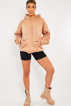 Rebellious Fashion Camel Ruched Sleeve Oversized Hoodie - Dezi