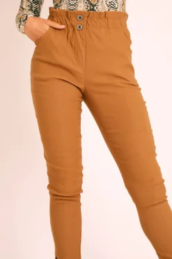 Rebellious Fashion Camel Ruched Waist Tapered Leg Trousers - Lovina