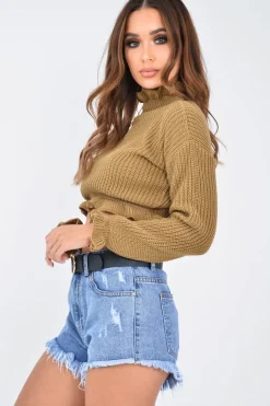 Rebellious Fashion Camel Ruffle Hem Chunky Knit Crop Jumper - Alannah