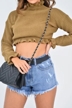 Rebellious Fashion Camel Ruffle Hem Chunky Knit Crop Jumper - Alannah
