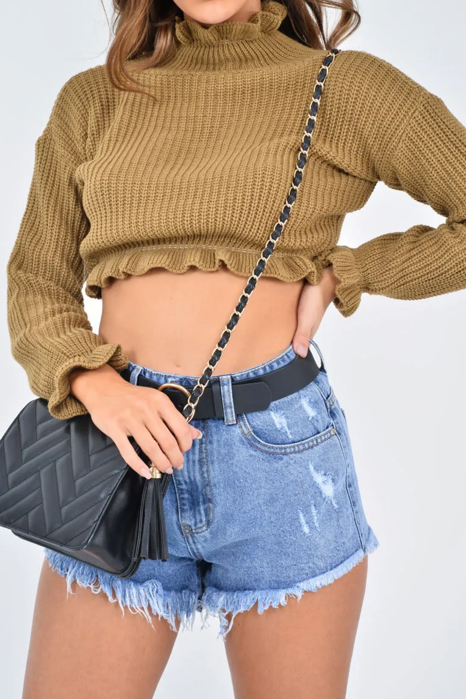 Rebellious Fashion Camel Ruffle Hem Chunky Knit Crop Jumper - Alannah