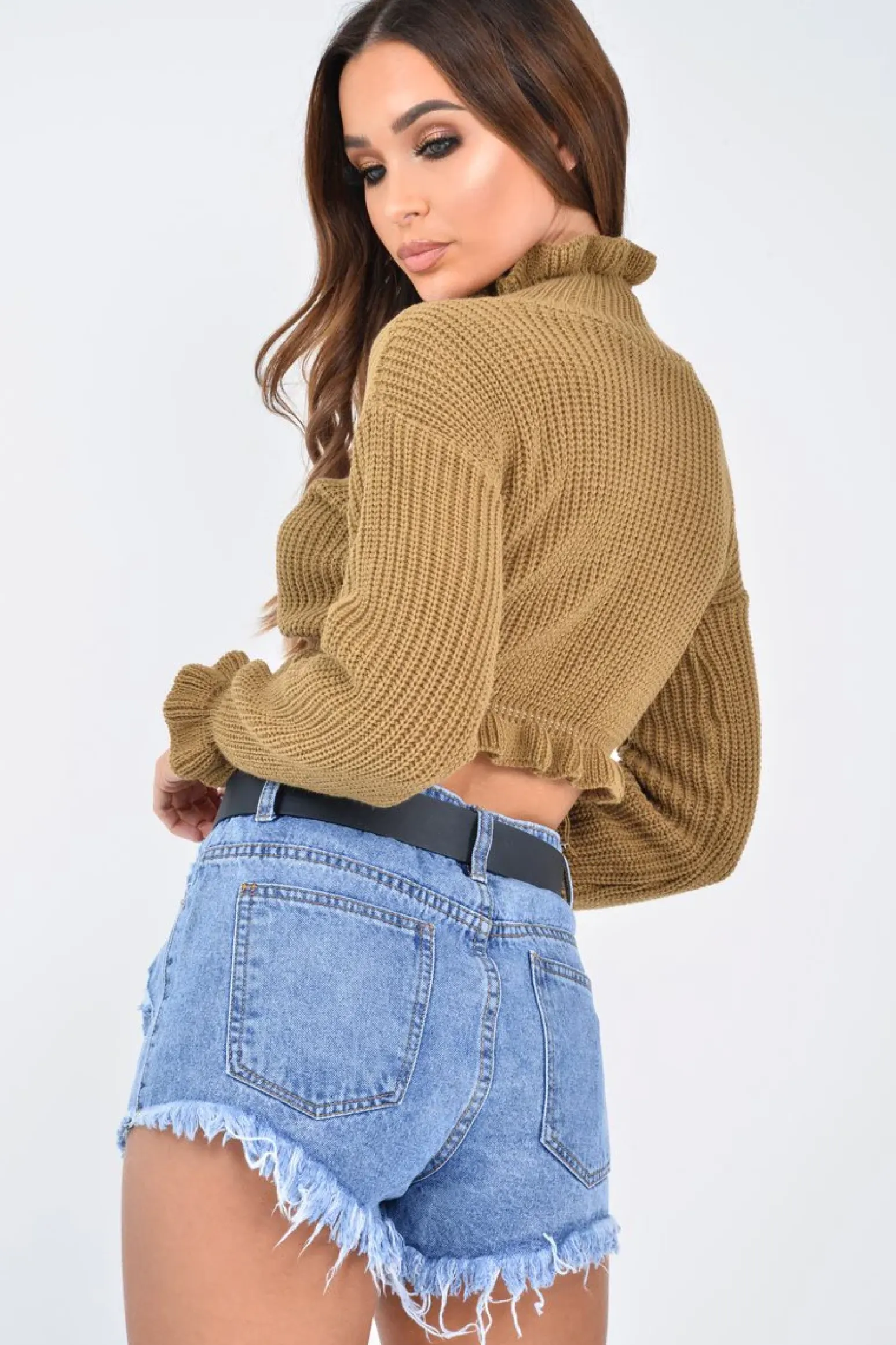 Rebellious Fashion Camel Ruffle Hem Chunky Knit Crop Jumper - Alannah