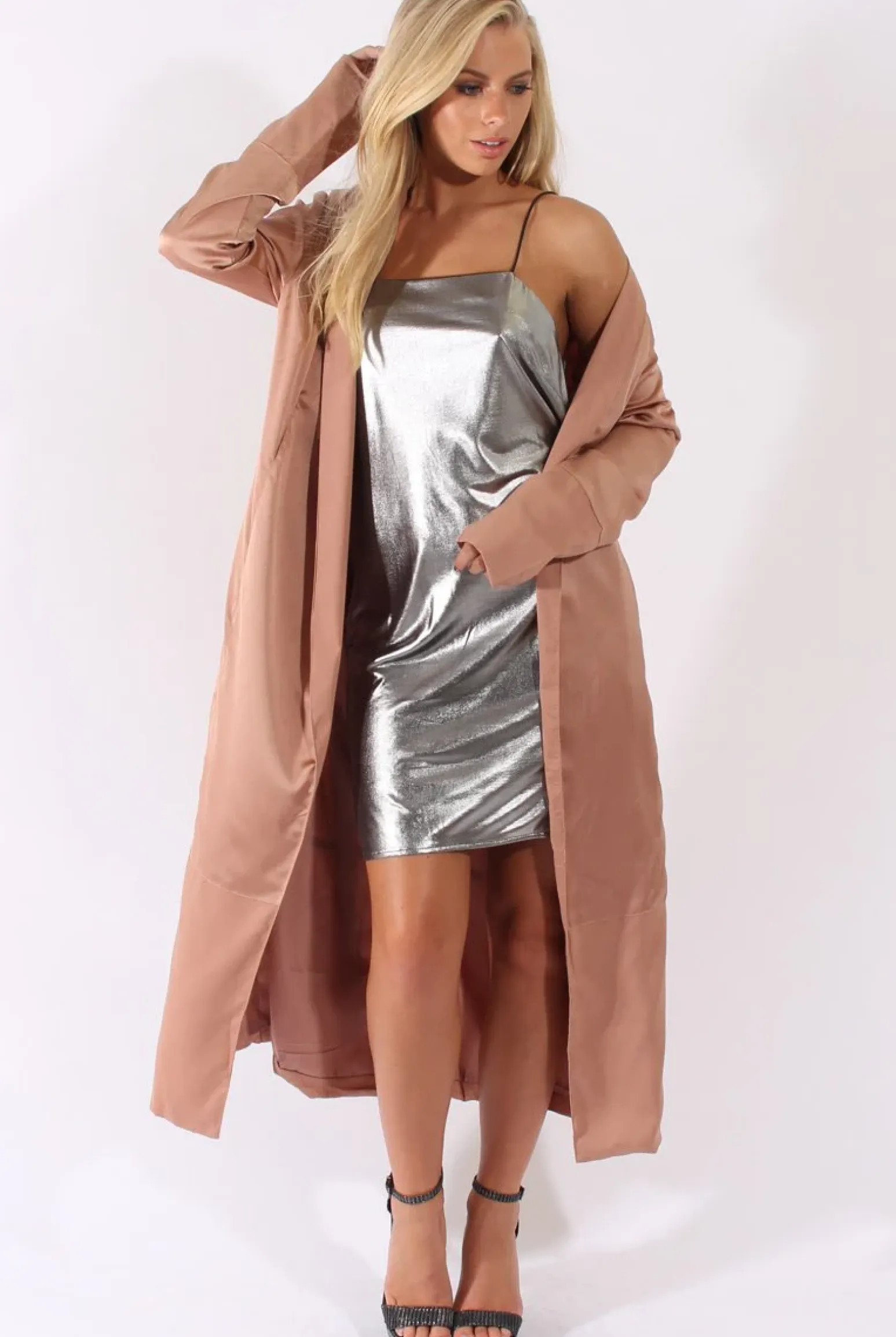 Rebellious Fashion Camel Satin Belted Duster Jacket - Candice