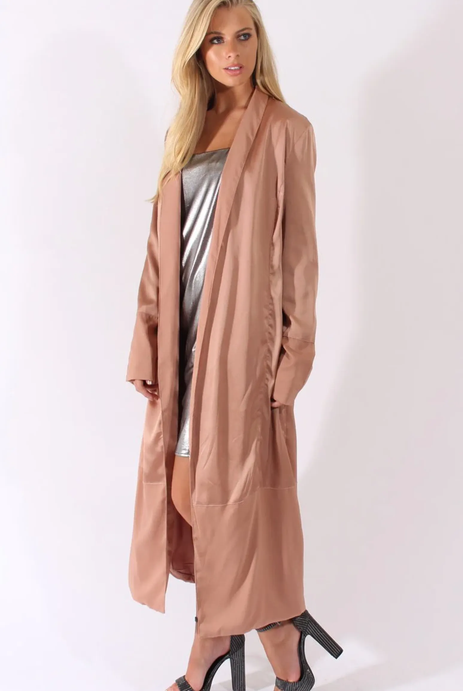 Rebellious Fashion Camel Satin Belted Duster Jacket - Candice