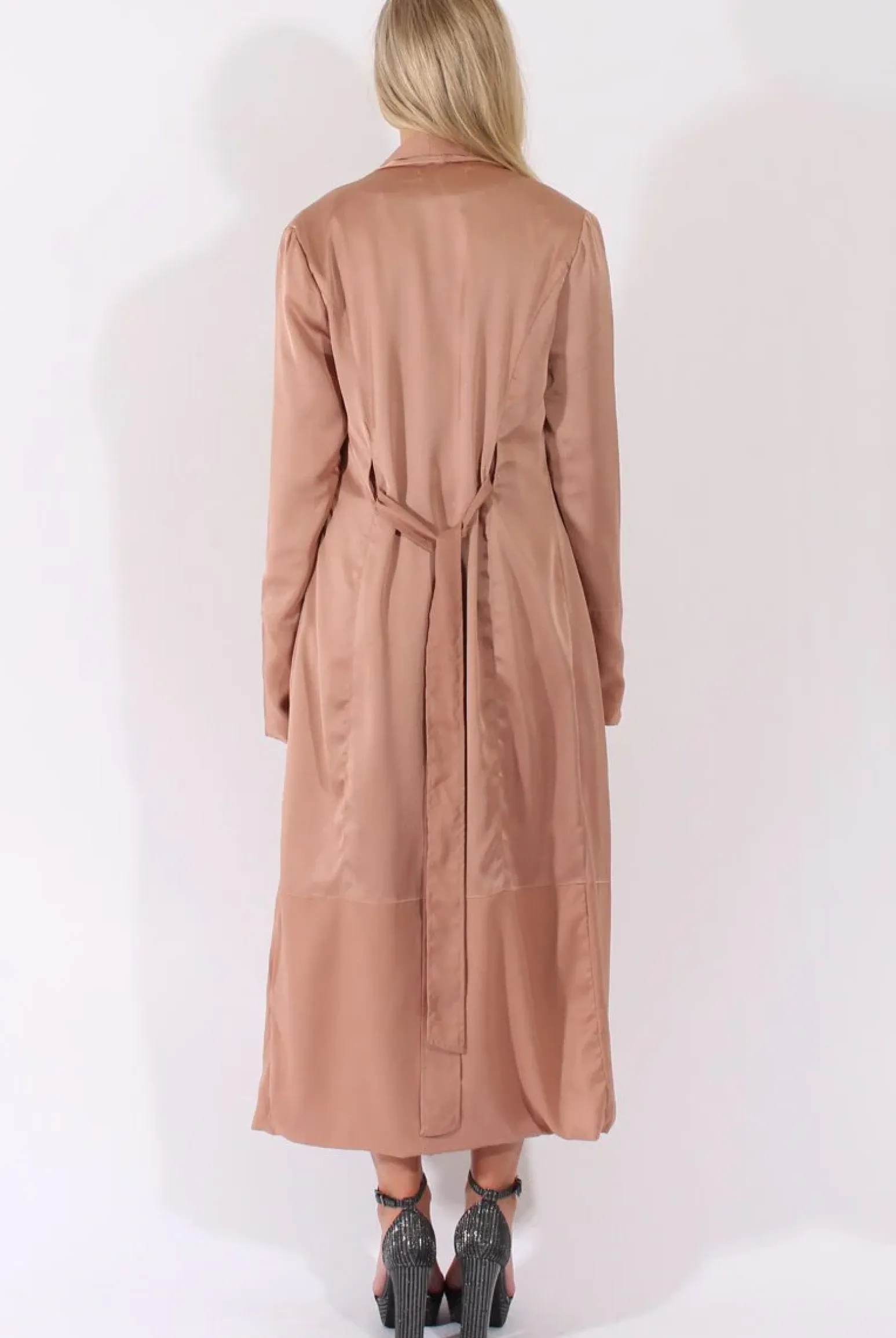 Rebellious Fashion Camel Satin Belted Duster Jacket - Candice