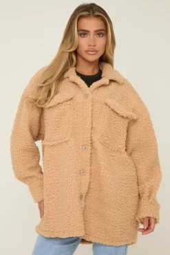 Rebellious Fashion Camel Sherpa Oversized Longline Long Sleeves Shacket - Agnes