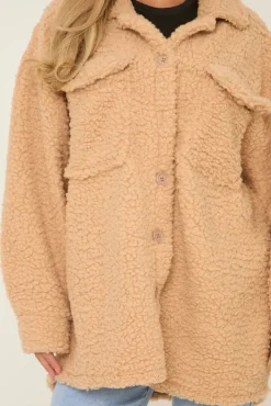 Rebellious Fashion Camel Sherpa Oversized Longline Long Sleeves Shacket - Agnes