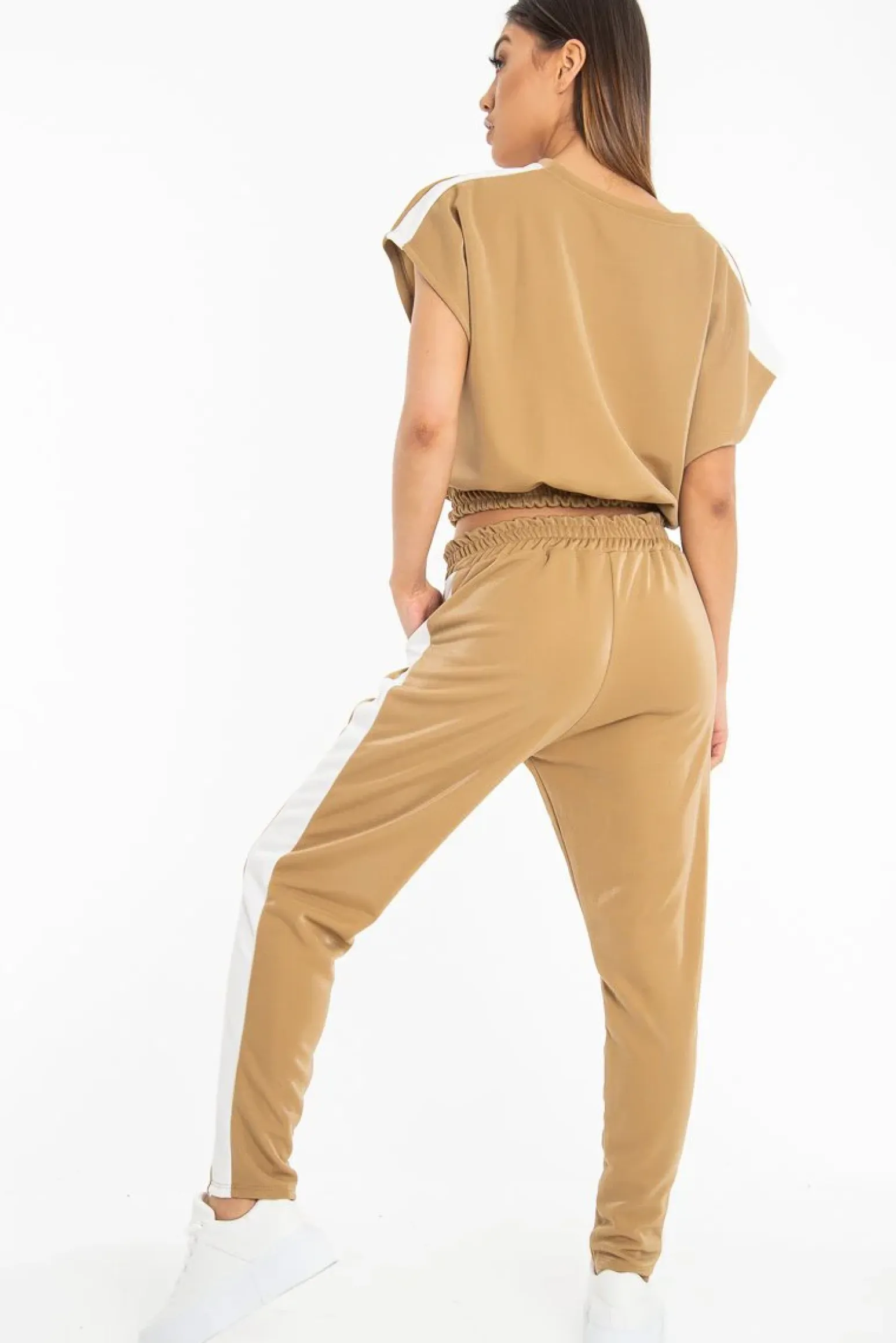 Rebellious Fashion Camel Shiny Contrast Stripe Crop Top Joggers Co-Ord - Maisey