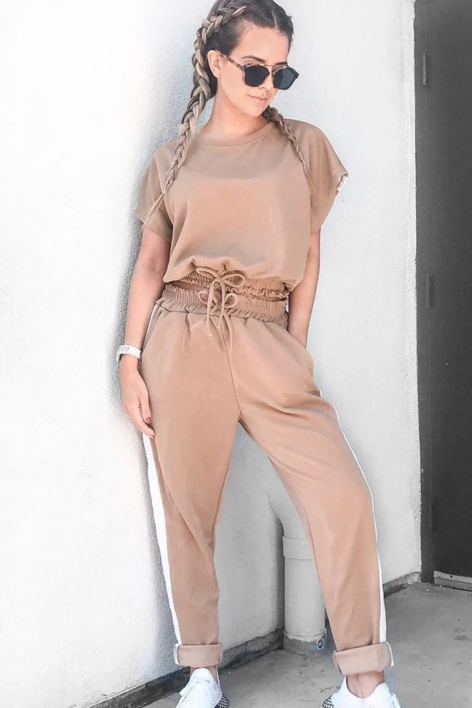 Rebellious Fashion Camel Shiny Contrast Stripe Crop Top Joggers Co-Ord - Maisey