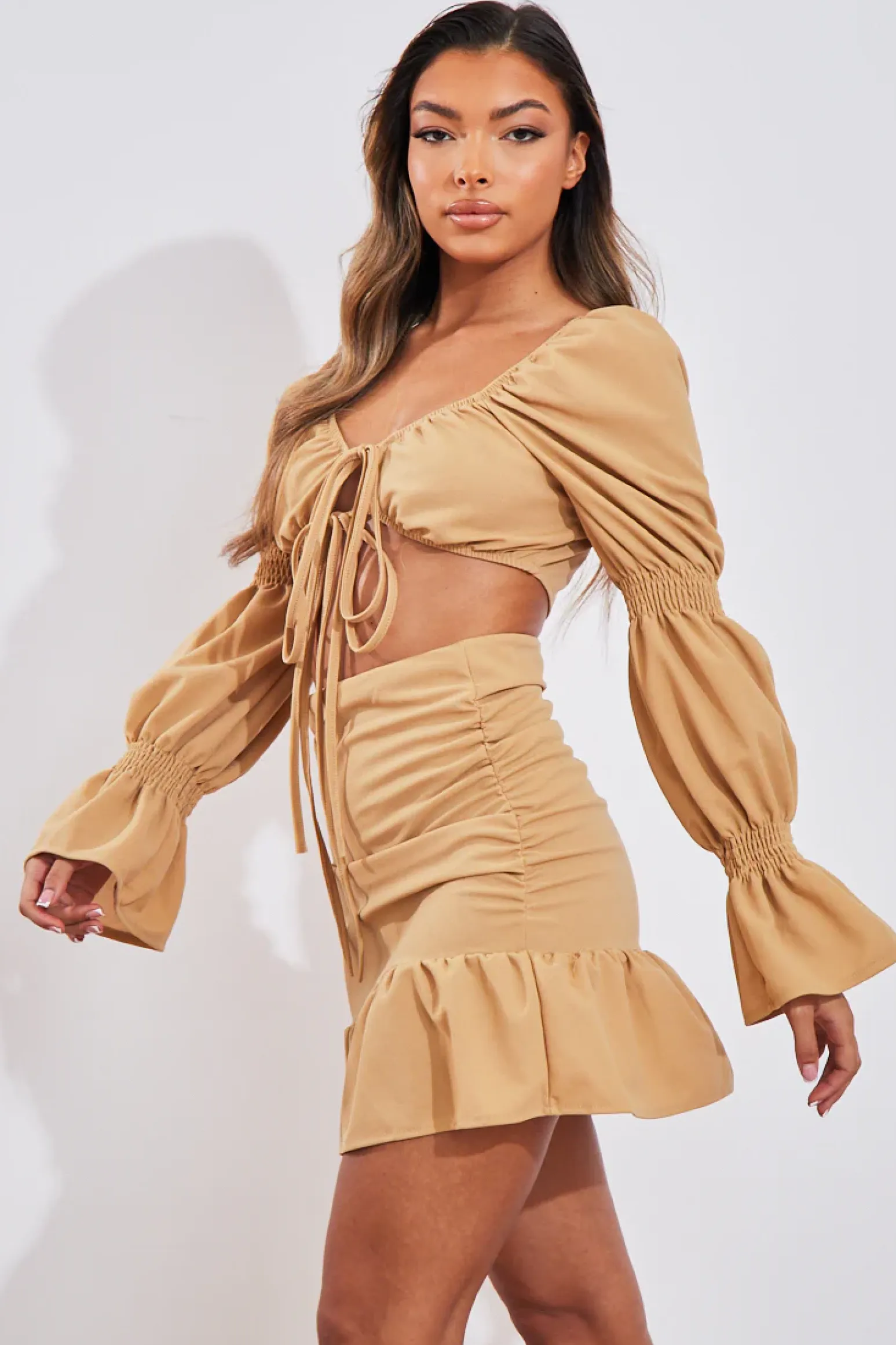 Rebellious Fashion Camel Shirred Sleeve Crop Top & Ruched Mini Skirt Set - Ariana
