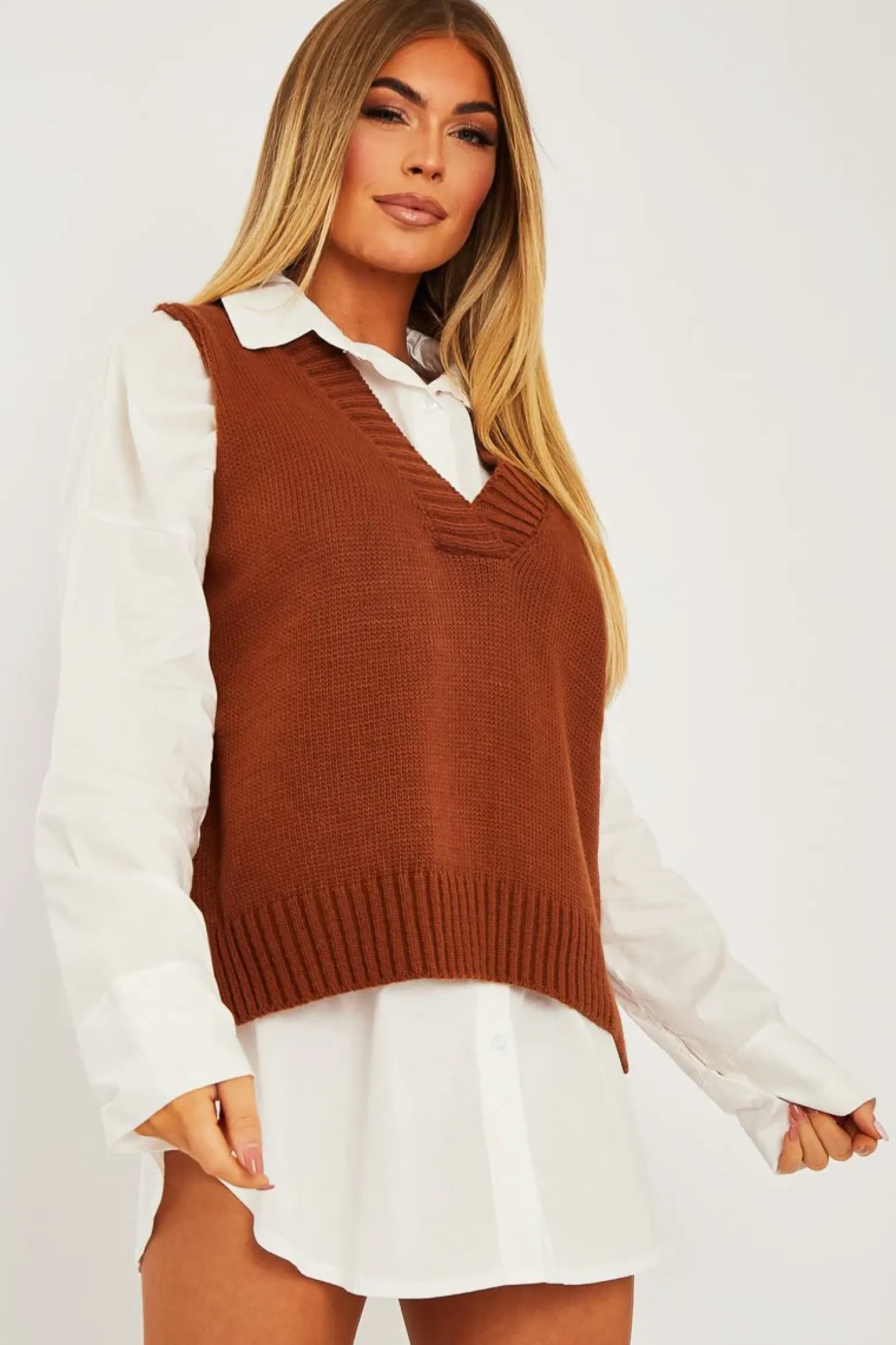 Rebellious Fashion Camel Shirt Insert Knit Vest Top - Caris