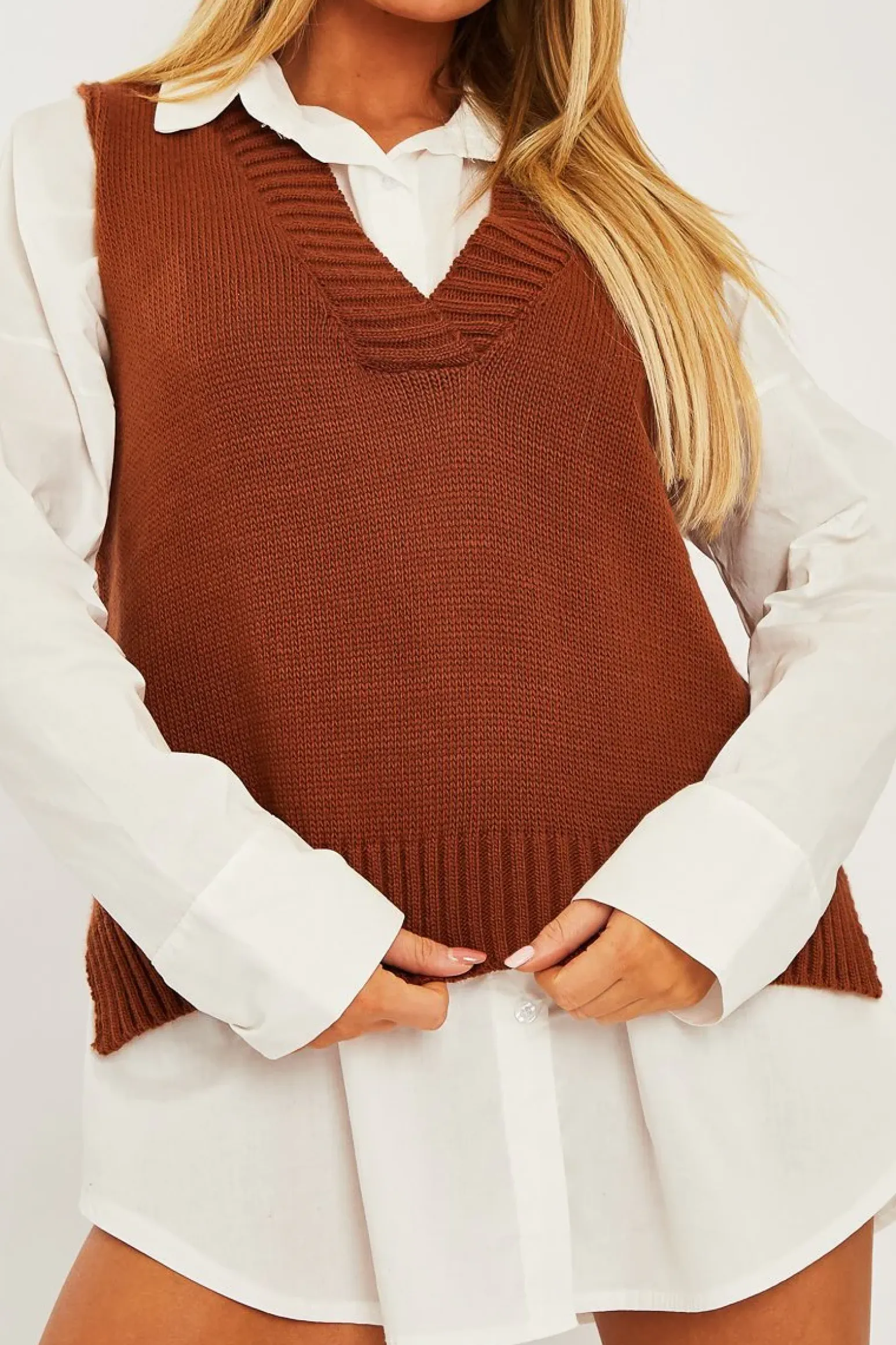Rebellious Fashion Camel Shirt Insert Knit Vest Top - Caris