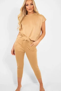 Rebellious Fashion Camel Short Sleeve Crop Jogger Loungewear Set - Aarian