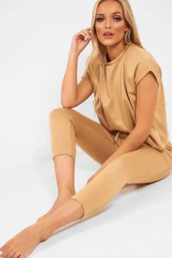 Rebellious Fashion Camel Short Sleeve Crop Jogger Loungewear Set - Aarian