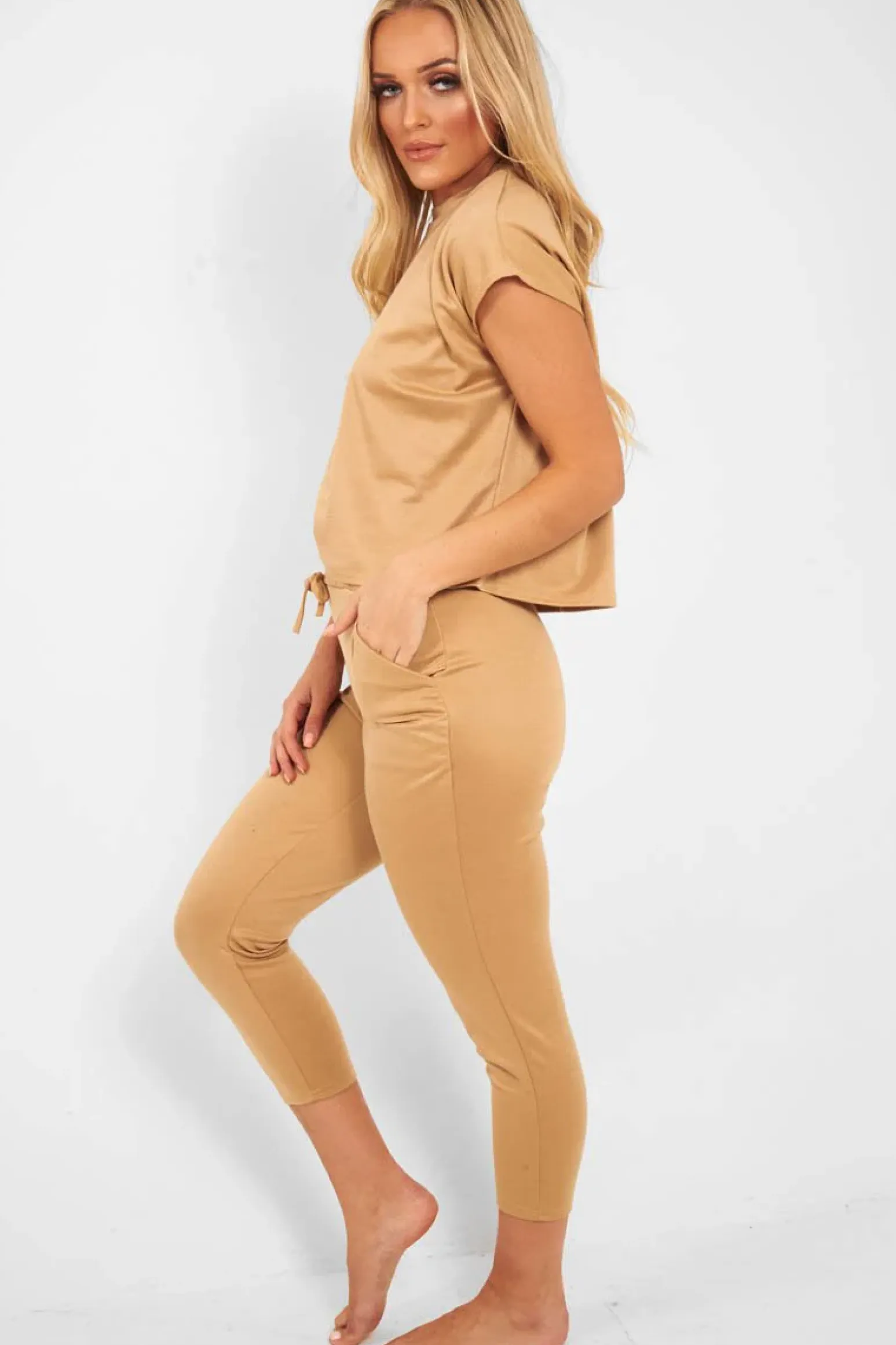 Rebellious Fashion Camel Short Sleeve Crop Jogger Loungewear Set - Aarian