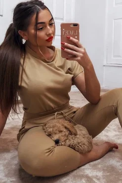 Rebellious Fashion Camel Short Sleeve Crop Jogger Loungewear Set - Aarian
