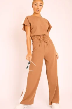 Rebellious Fashion Camel Side Stripe Drawstring Top and Trousers Co-ord - Jadah