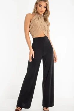 Rebellious Fashion Camel Slinky Halterneck Wrap Top - Giovanna