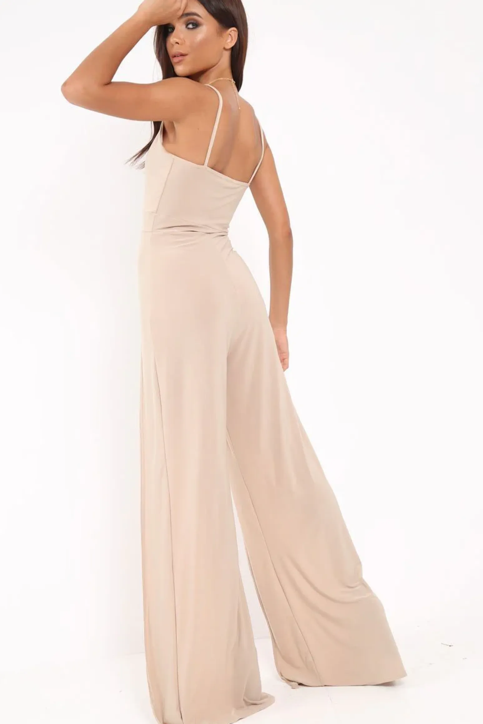 Rebellious Fashion Camel Slinky Plunge Front split leg Jumpsuit - Rutha