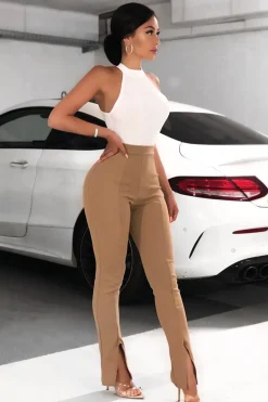 Rebellious Fashion Camel Split Front Flared Trousers - Florie
