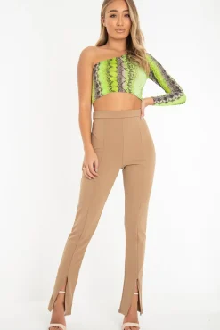 Rebellious Fashion Camel Split Front Flared Trousers - Florie