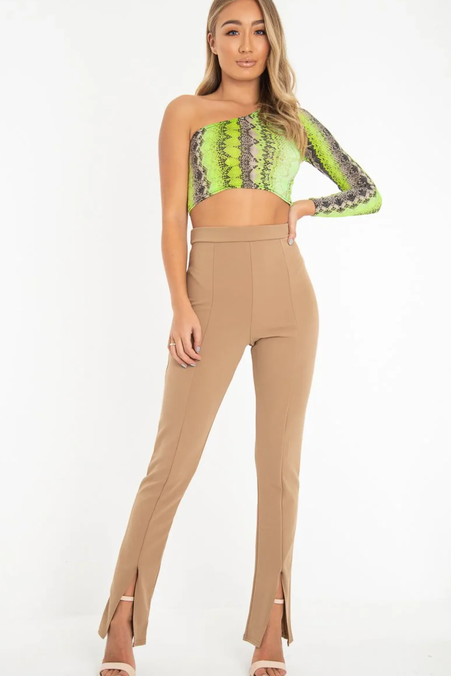 Rebellious Fashion Camel Split Front Flared Trousers - Florie