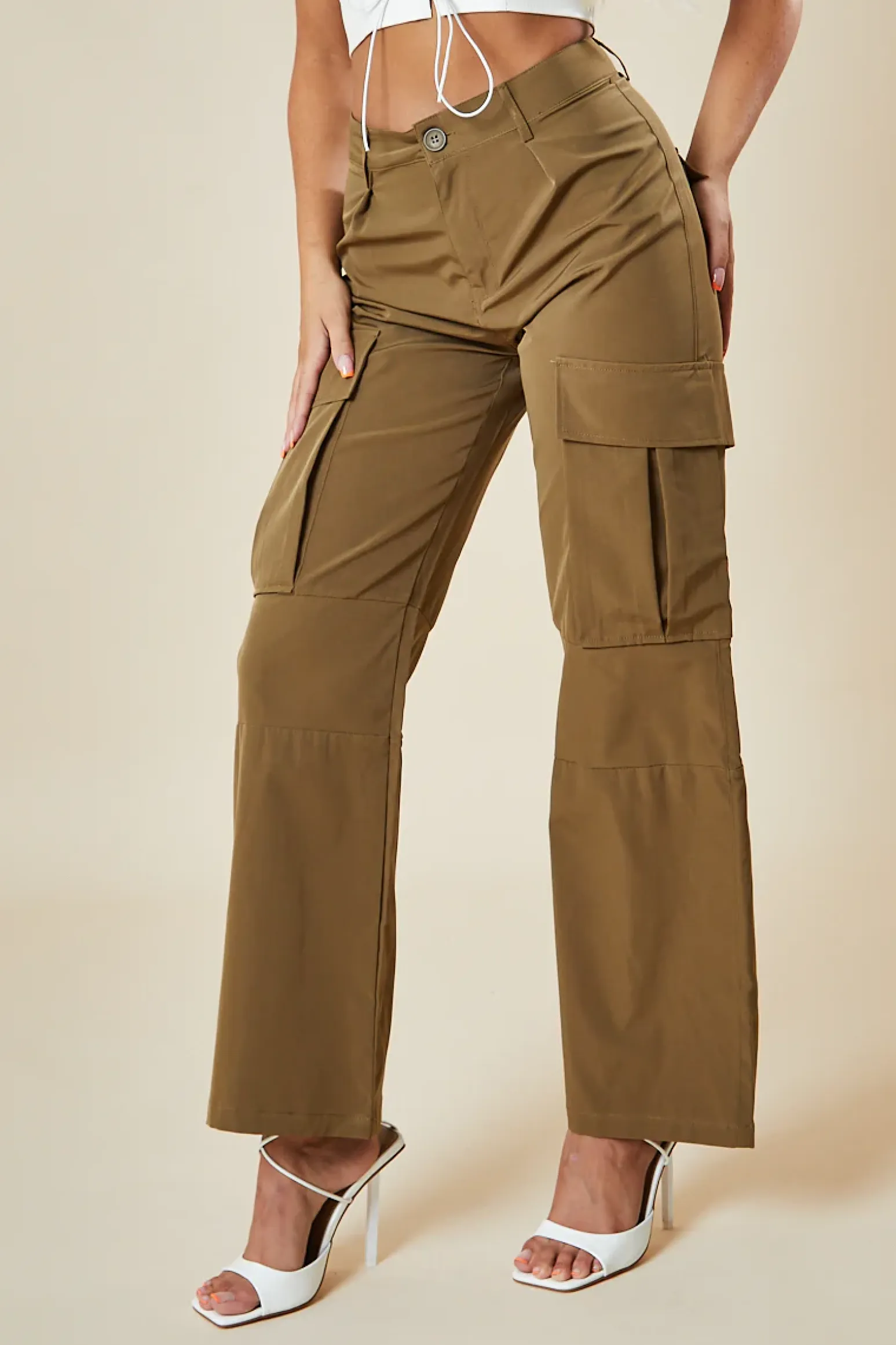 Rebellious Fashion Camel Straight Leg Cargo Trousers - Nishi