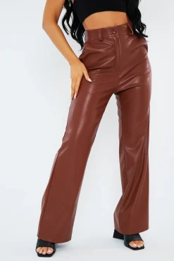 Rebellious Fashion Camel Straight Leg PU Leather Trousers - Moxxi