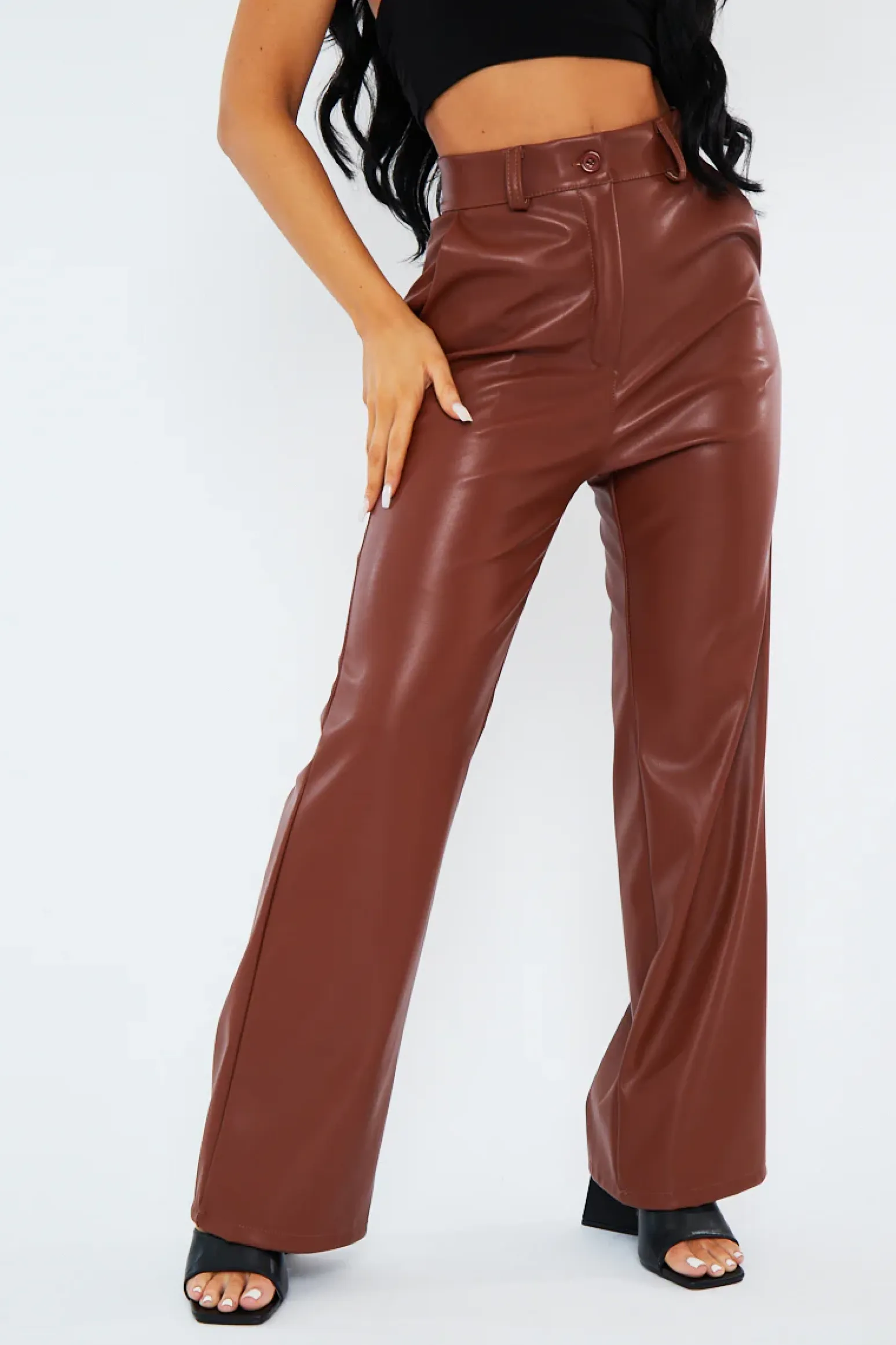 Rebellious Fashion Camel Straight Leg PU Leather Trousers - Moxxi