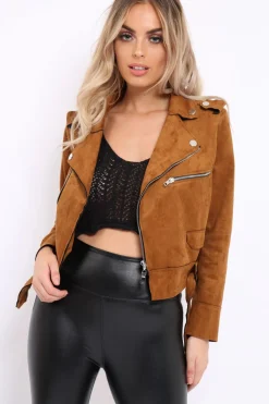Rebellious Fashion Camel Suede Biker Jacket - Anja