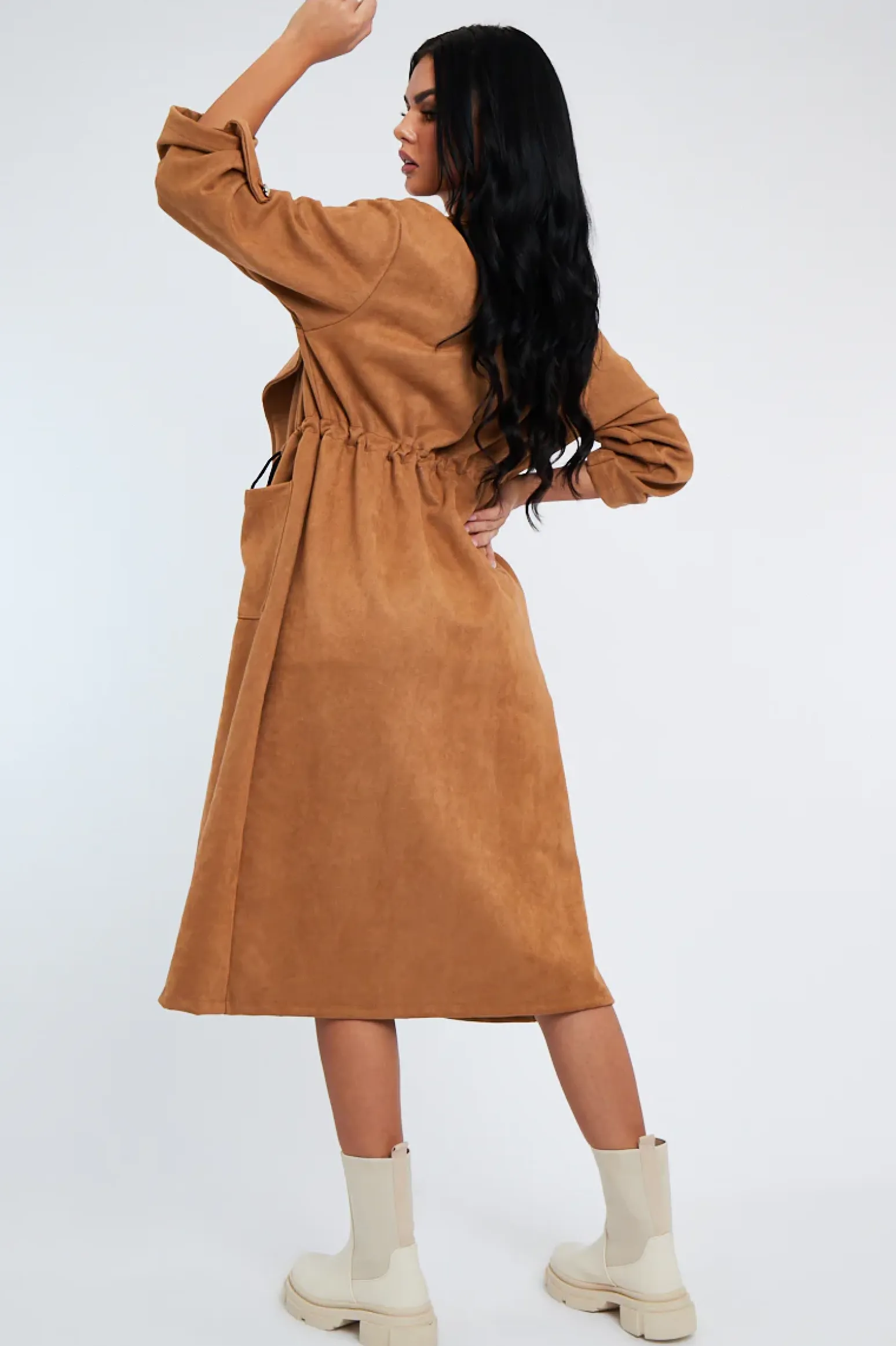 Rebellious Fashion Camel Suede Relaxed Tie Waist Trench Coat - Rora