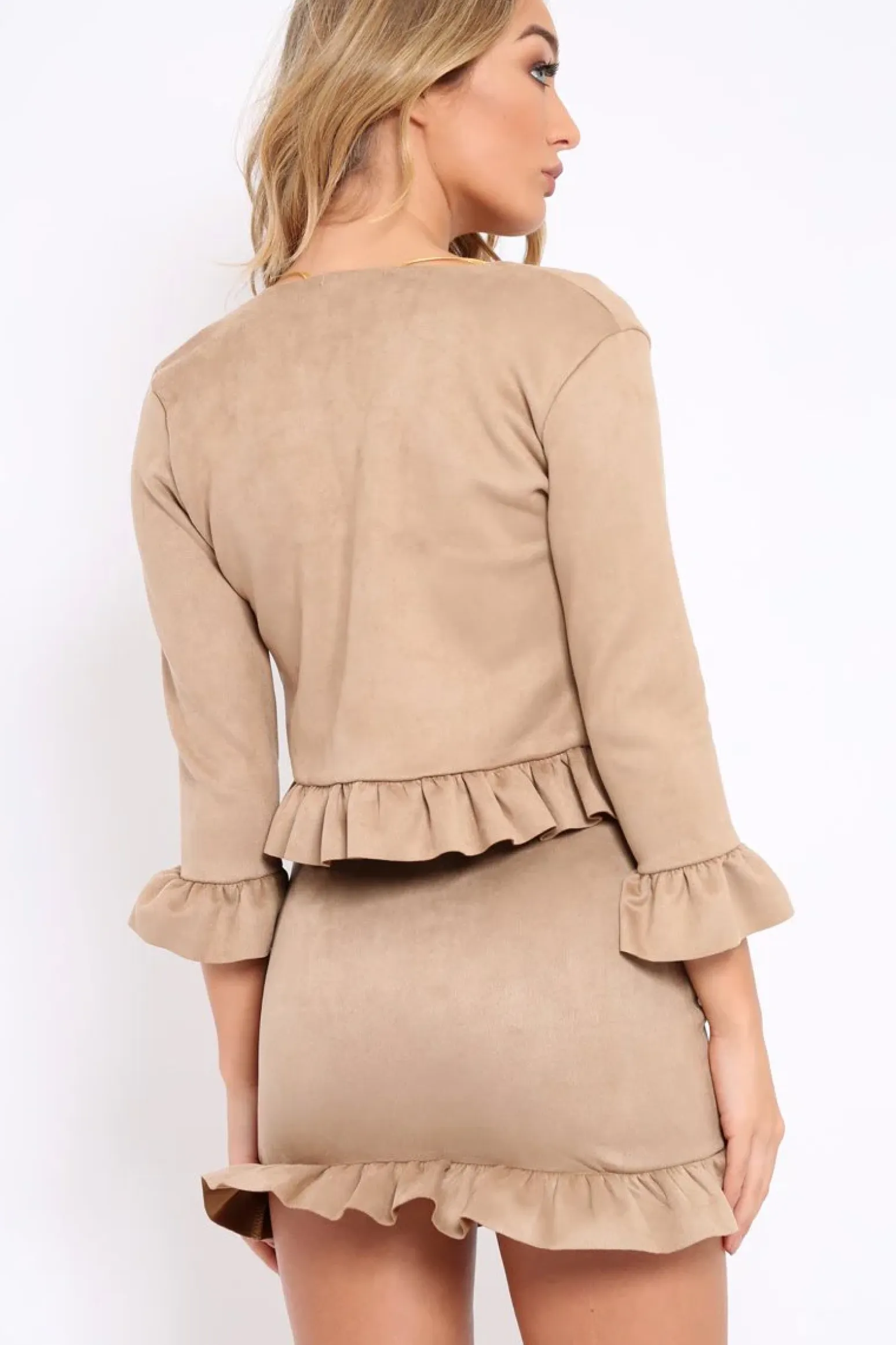 Rebellious Fashion Camel Suedette Frill Hems Jacket - Elsa