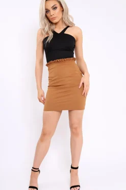Rebellious Fashion Camel Suedette Ruffle Hem Mini Skirt - Abagail