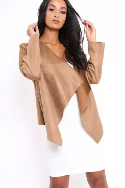 Rebellious Fashion Camel Suedette Waterfall Jacket - Kallie