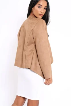 Rebellious Fashion Camel Suedette Waterfall Jacket - Kallie