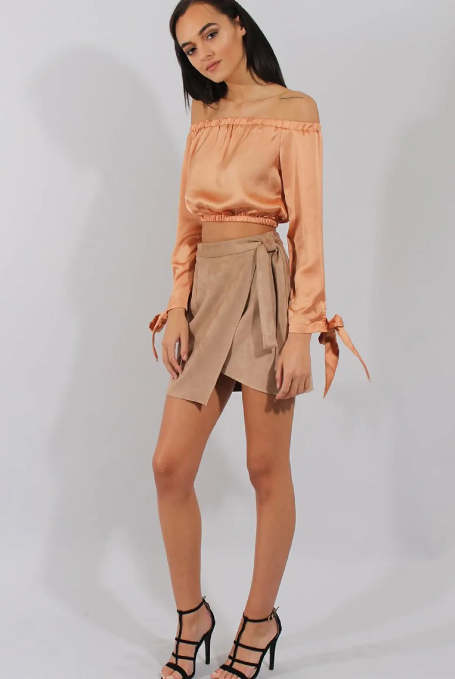 Rebellious Fashion Camel Suede Wrap Around Skirt - Emory