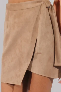 Rebellious Fashion Camel Suede Wrap Around Skirt - Emory