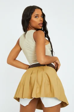 Rebellious Fashion Camel Tailored Belted Mini Skirt - Mabel