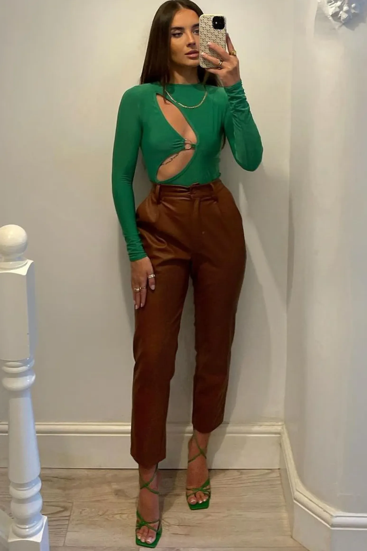 Rebellious Fashion Camel Tailored Fit PU Leather Trousers - Nadya