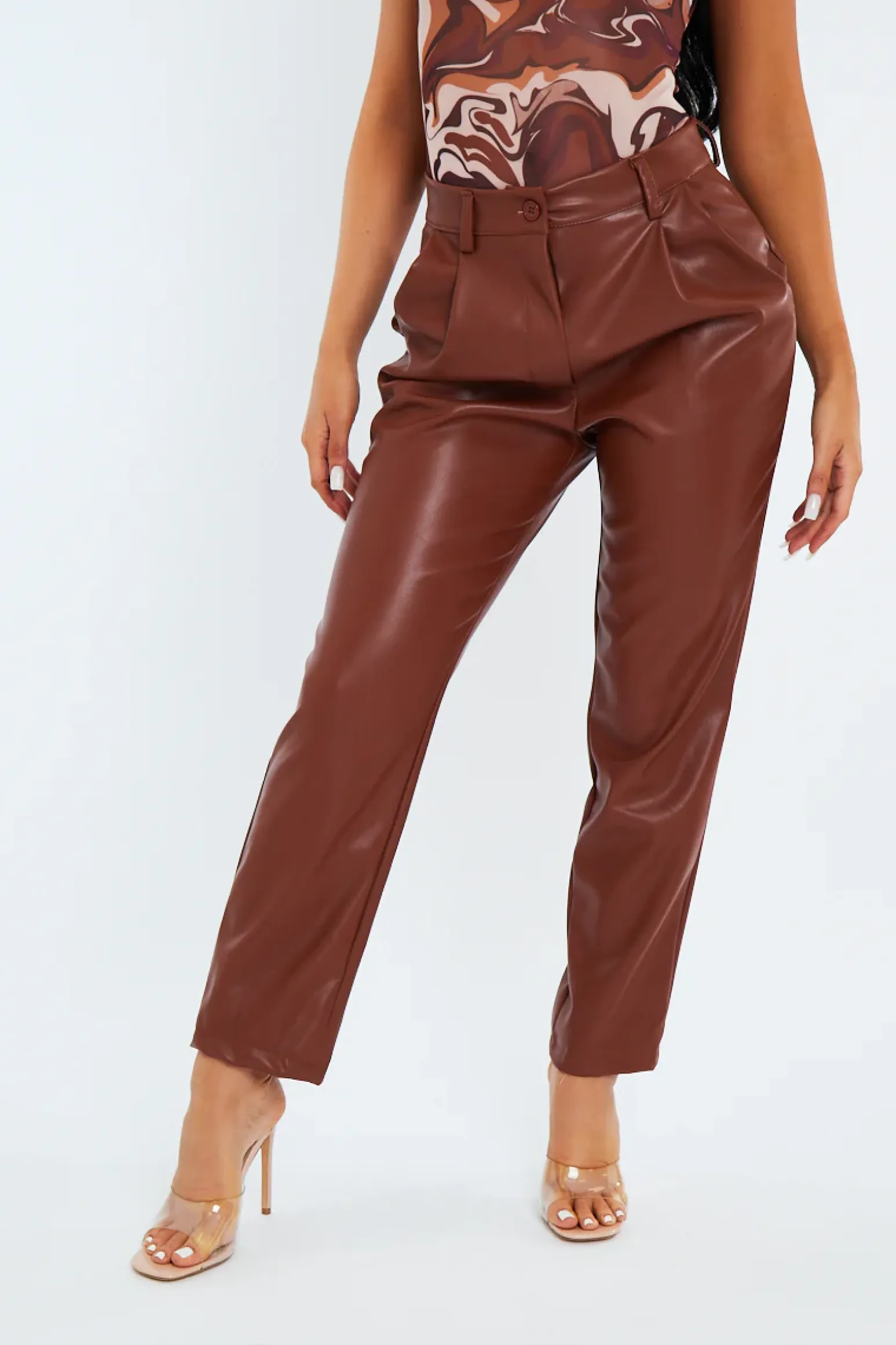 Rebellious Fashion Camel Tailored Fit PU Leather Trousers - Nadya