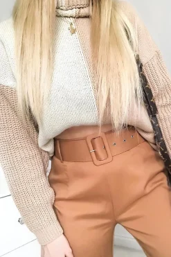 Rebellious Fashion Camel Tailored Wide Leg Belted Trousers - Chenelle